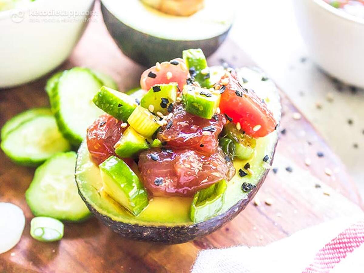 LowCarb Tuna Poke Stuffed Avocados KetoDiet Blog